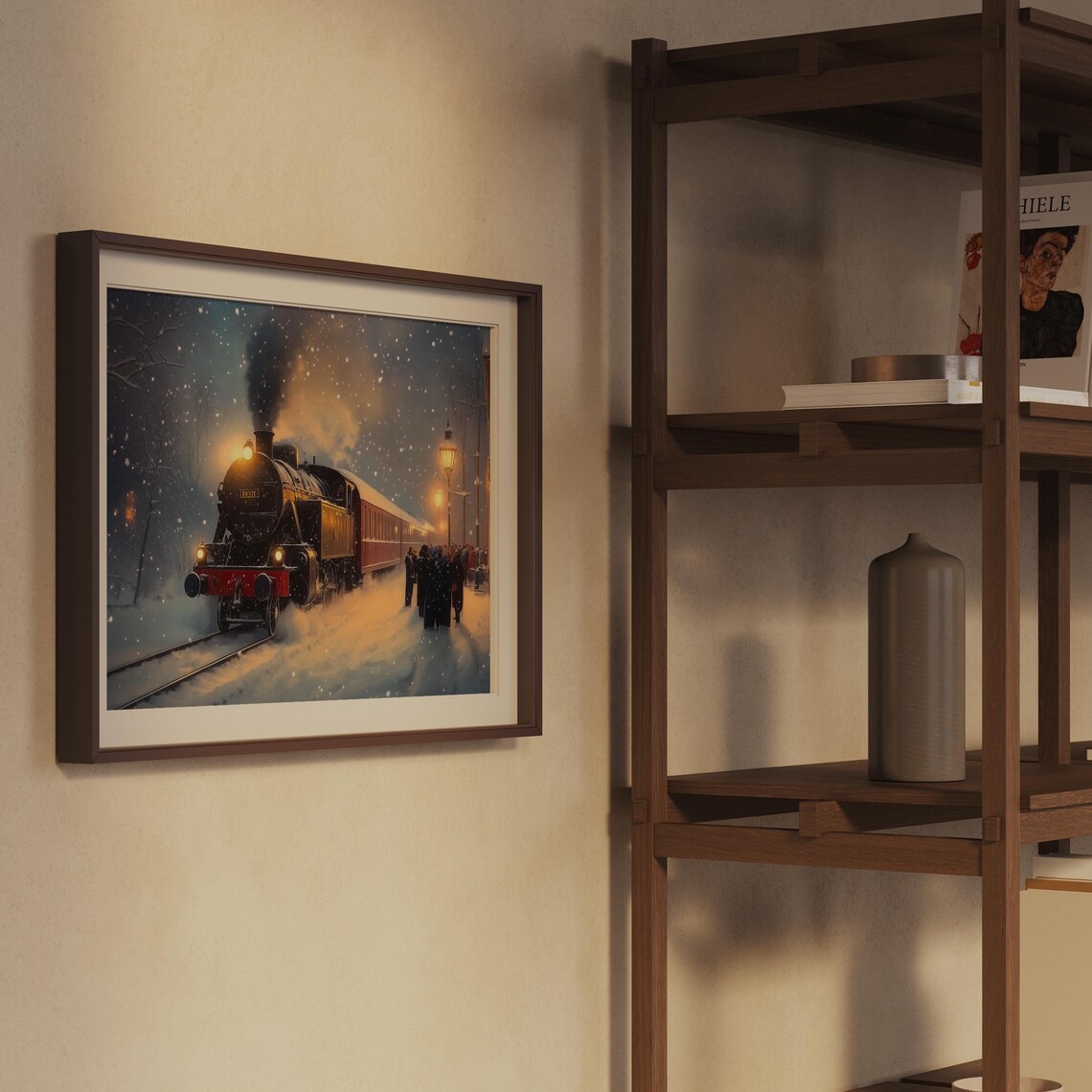 Vintage Steam Train at Snowy Night Station Glowing Lanterns Poster - Image 2
