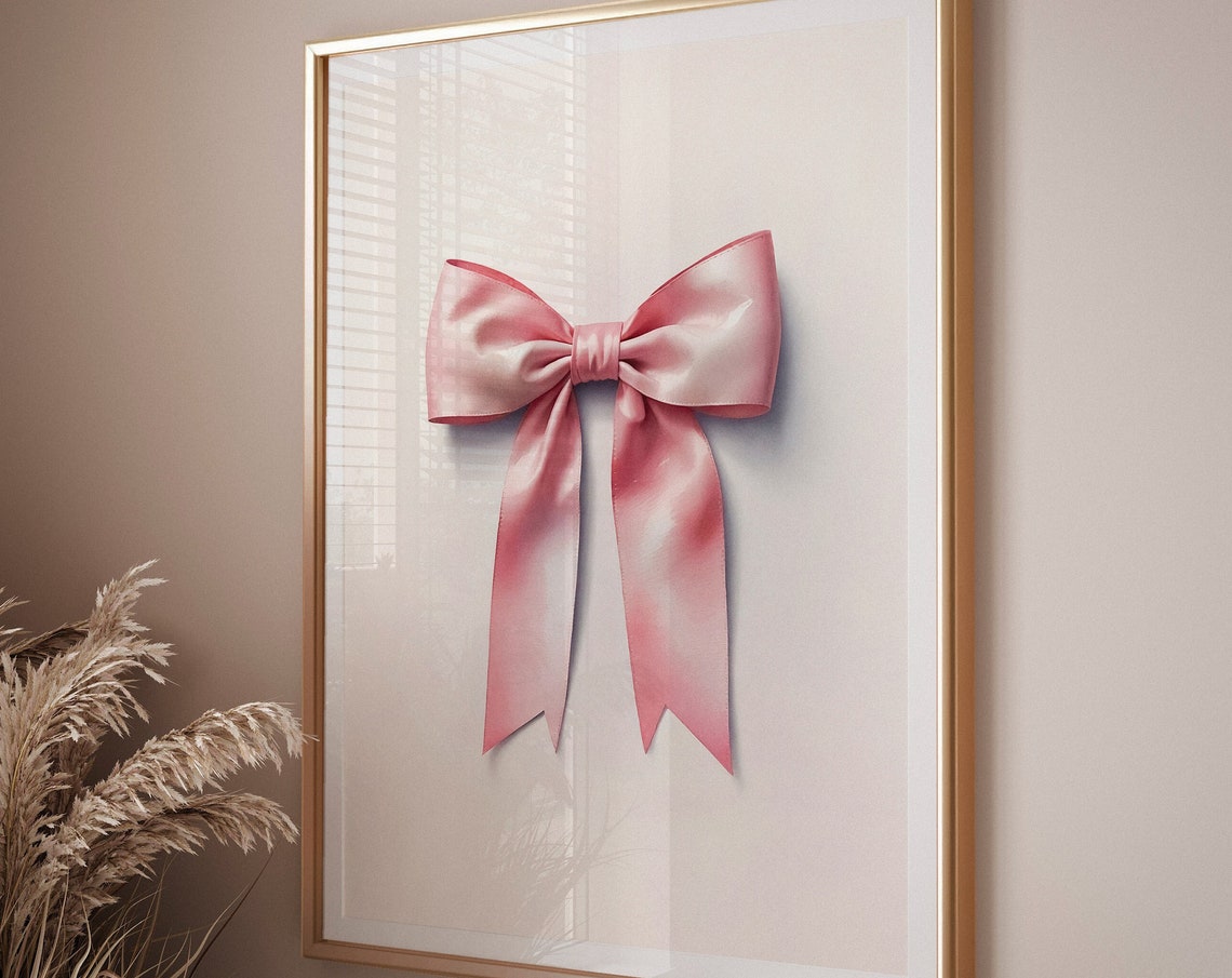 Glossy Pink Satin Ribbon Bow Framed Print In A Modern Living Room - Image 3