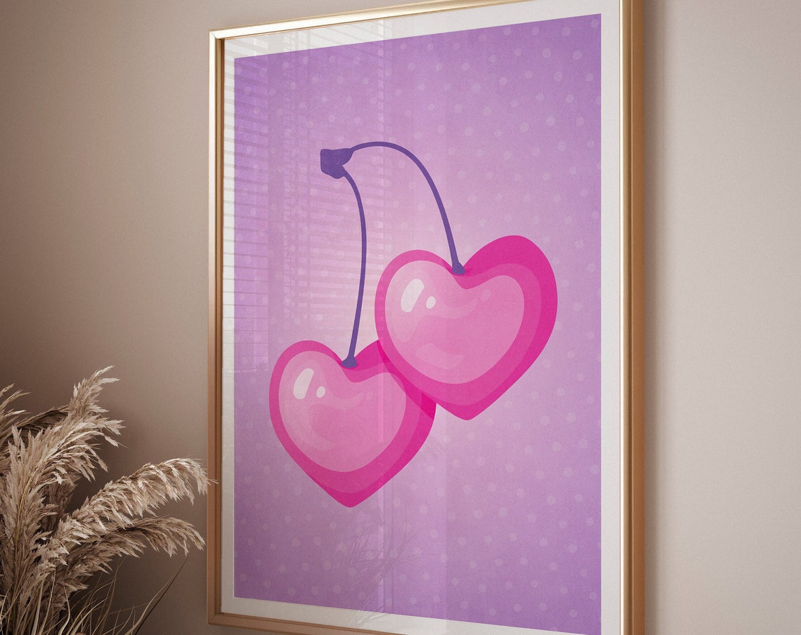 Heart Shaped Pink Cherries Purple Polka Dot Background Art Poster - Image 2