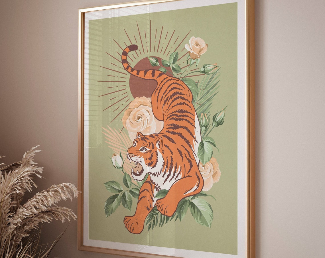 Sage Green Tiger Wall Art Aesthetic Room Decor Boho Trendy Wall Art Print Bohemian Tropical Wall Art Modern Room Decor - Image 3