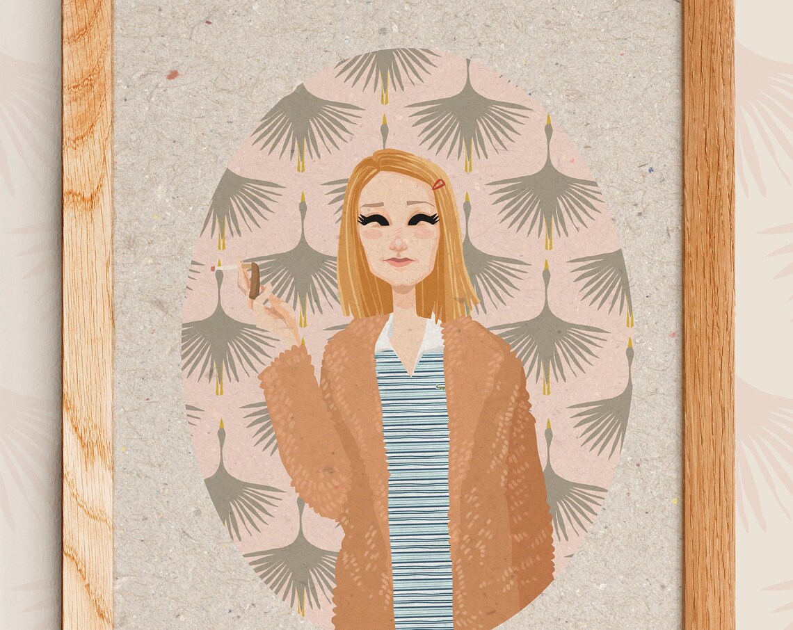 Custom Retro Blonde Woman Portrait Fur Coat Crane Birds Poster