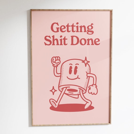 Funny Bathroom Wall Print, Pink Retro Toilet Decor