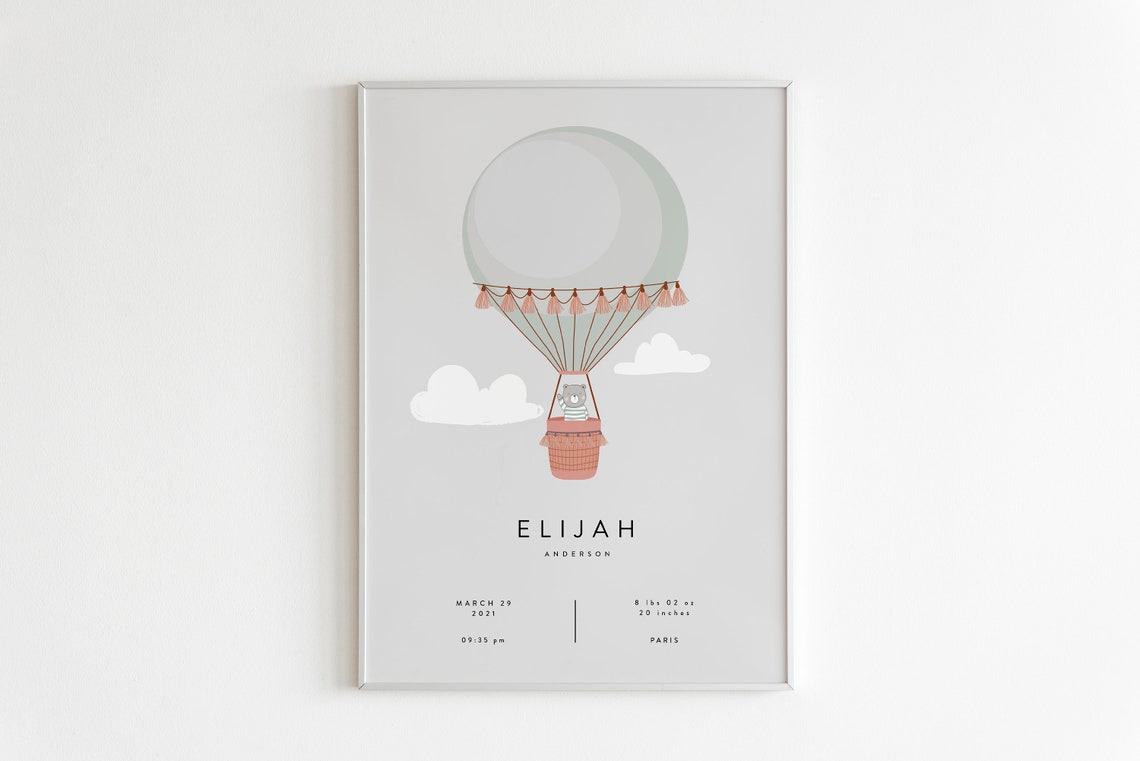 Personalized Bear Hot Air Balloon Birth Stats Nursery Poster - Image 2