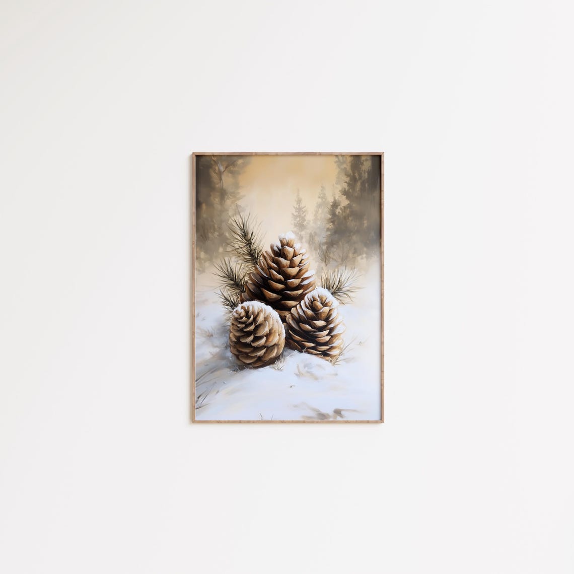 Snowy Pinecones Winter Forest Still Life Rustic Oil Painting Print - Image 3