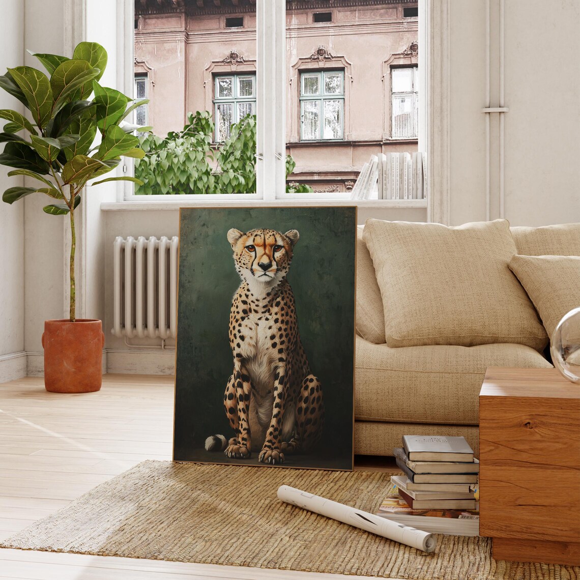 Cheetah Wall Art Dark Green Poster Elegant Animal Portrait Wild Cat Painting Cheetah Sitting Oil Art Feline Wall Art - Image 2