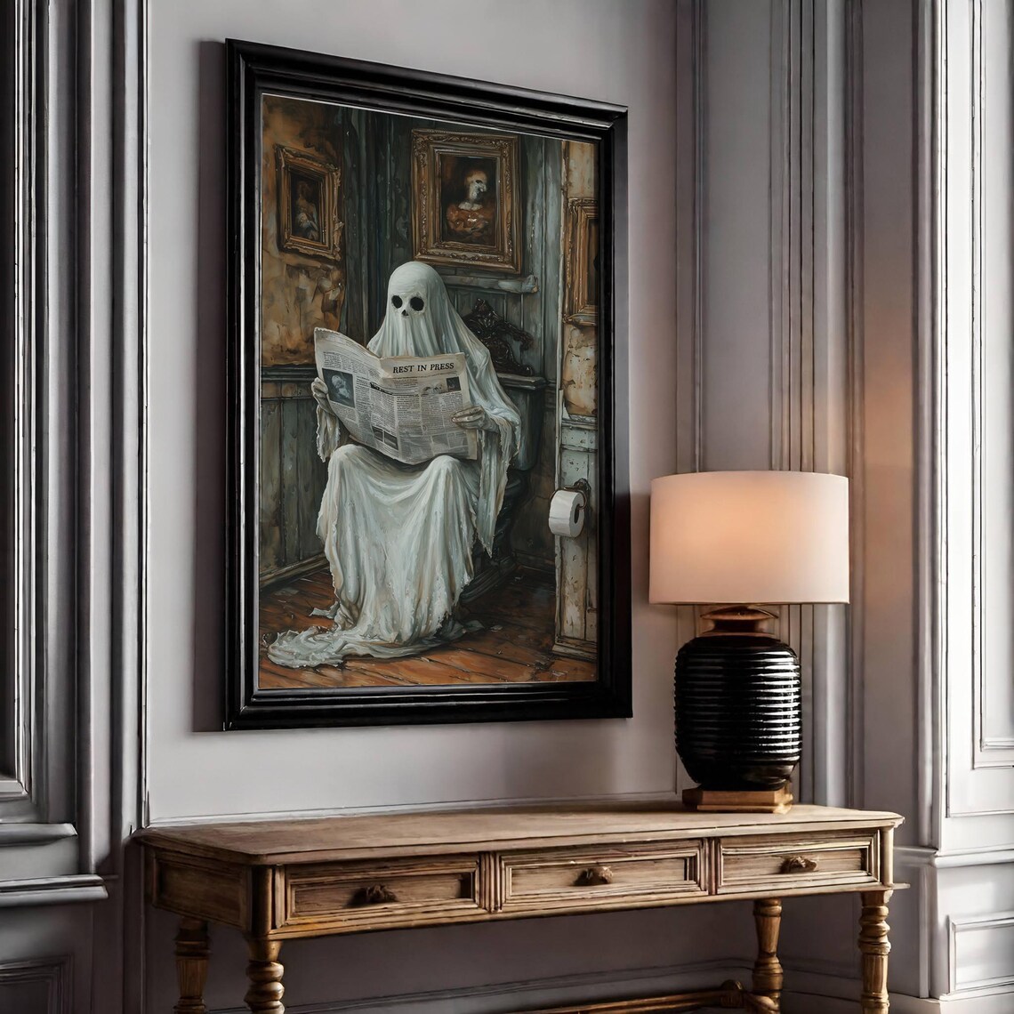 Funny Ghost Reading Newspaper On Toilet Bathroom Halloween Art Print - Image 2