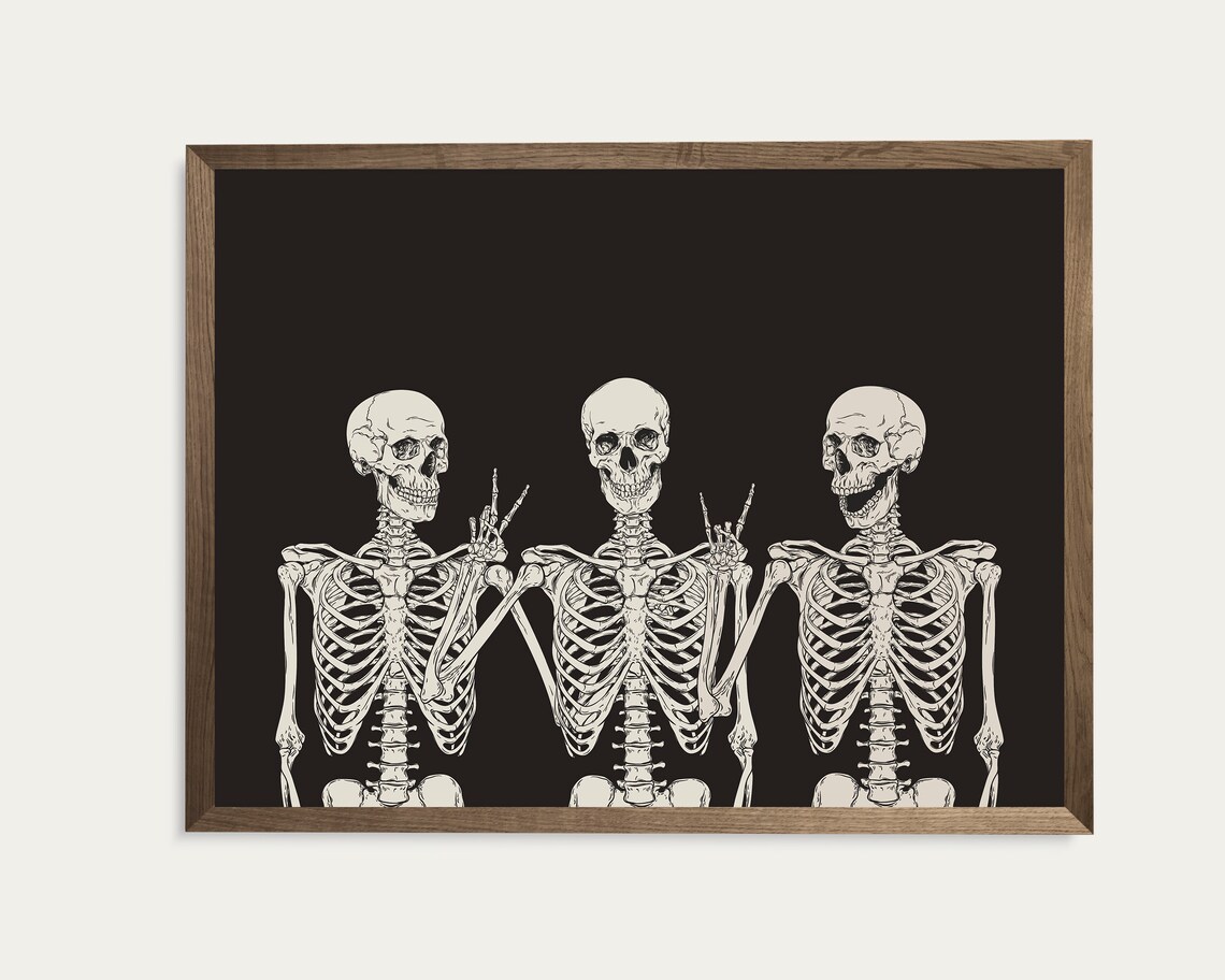 Three Skeletons Posing Together Funny Halloween Trio Skull Black Wall Art Poster - Image 3