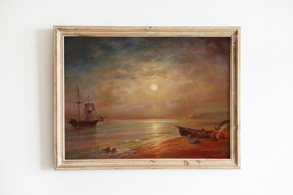 Dramatic Moonlit Night Over A Coastal Sea Antique Oil Painting Print