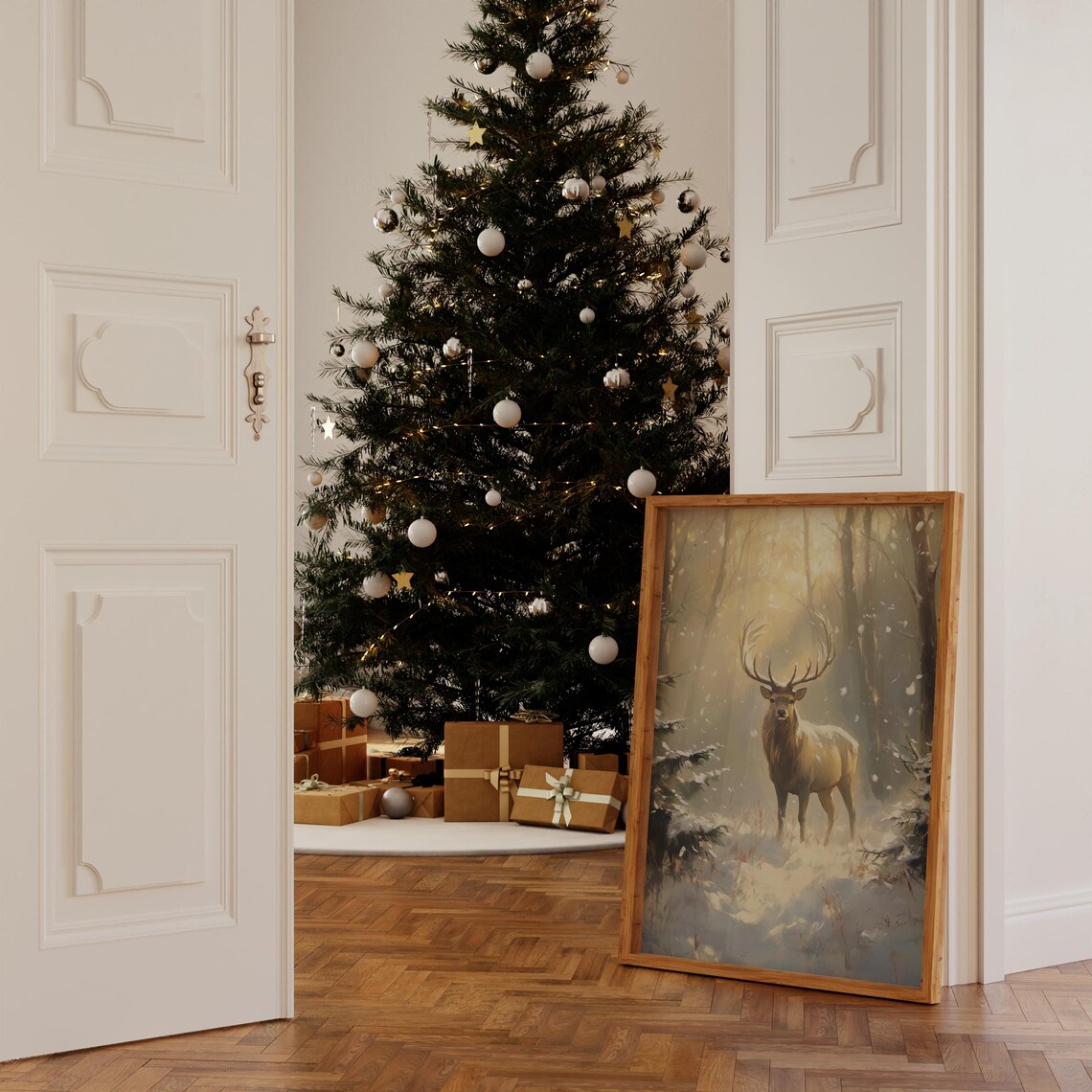 Majestic Stag In Winter Forest Wall Art Snowy Scene Print Wildlife Christmas Winter Scene Art Stag In The Forest Oil Painting - Image 3