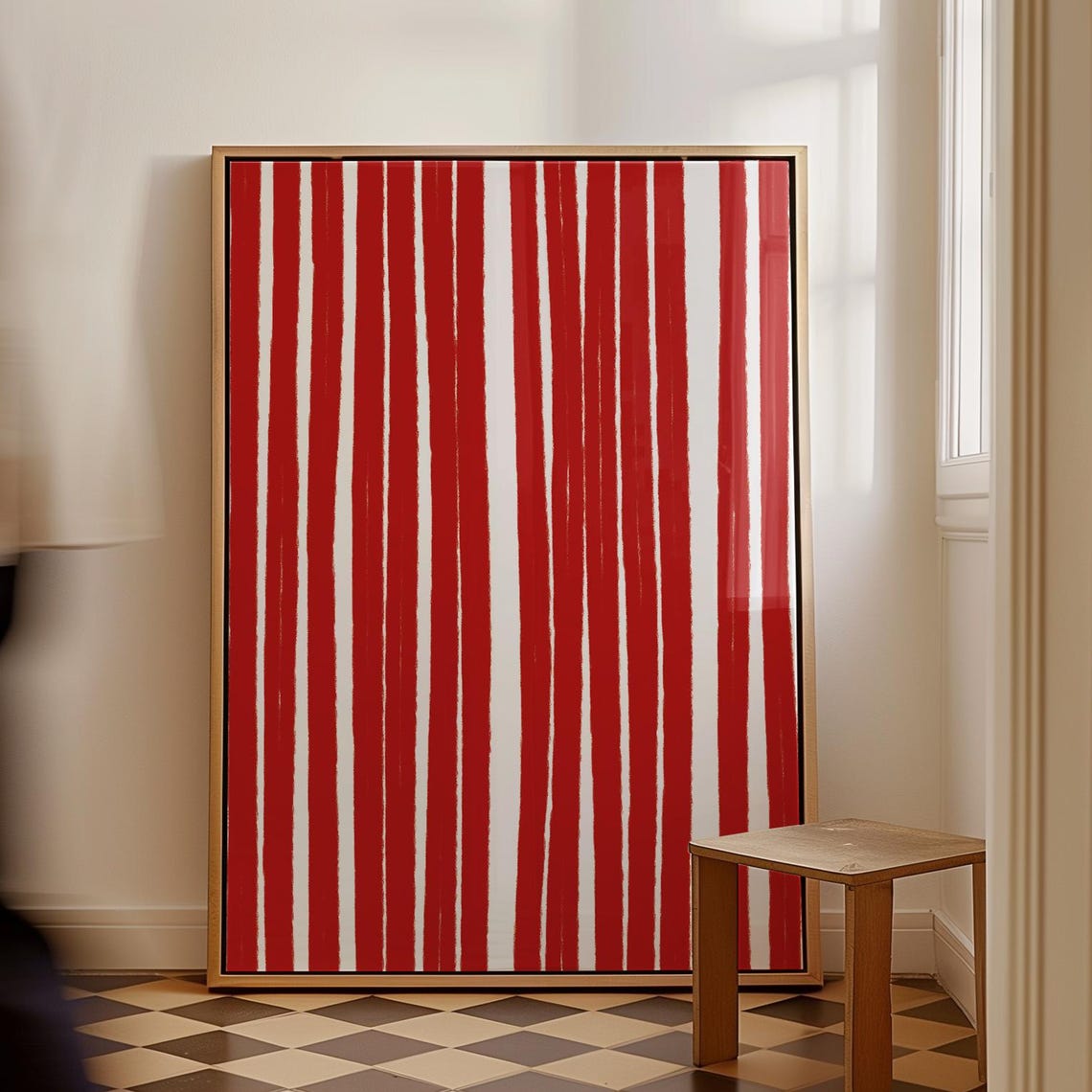 Red White Vertical Stripes Hand Drawn Abstract Minimalist Line Poster