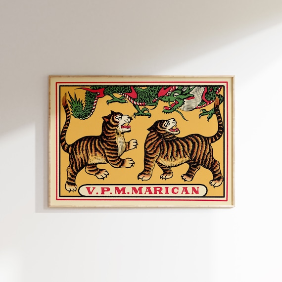 V.P.M. Marican Twin Tiger Dragon Vintage Japanese Matchbox Label Poster