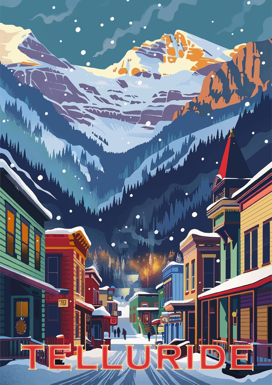Telluride Snowy Main Street Mountain Town Winter Travel Poster