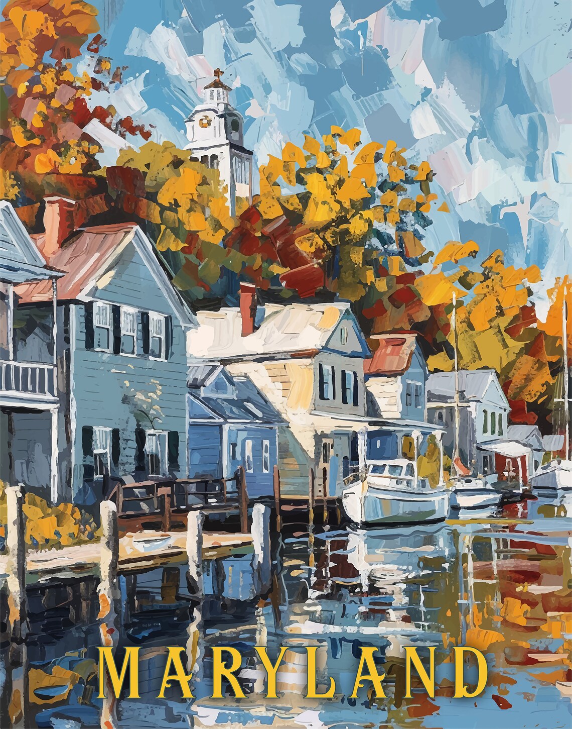 Maryland Harbor Town Boats and Fall Foliage Art Travel Poster