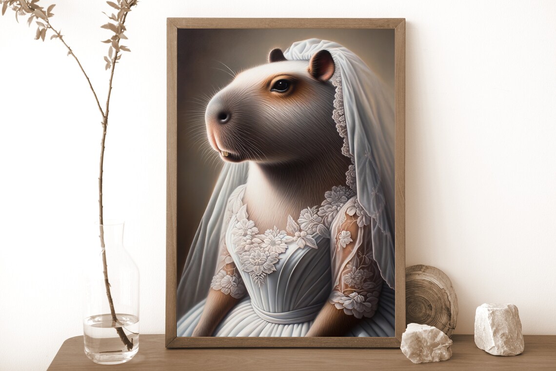 Capybara Bride in a White Floral Lace Gown and Veil Animal Portrait Poster - Image 4