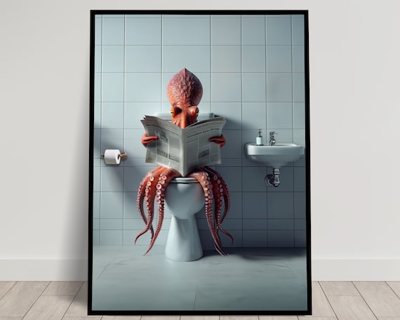 Photograph Of An Octopus Reading The Newspaper On The Toilet Funny Bathroom Decor Bathroom Wall Art Wc Toilet Poster Unique Funny Gift