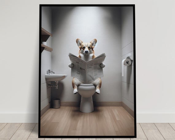 Photograph Of A Corgi Reading The Newspaper On The Toilet Funny Bathroom Decor Bathroom Wall Art Wc Toilet Poster Unique Funny Gift