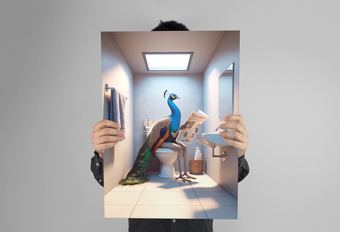 Peacock Reading the Newspaper on the Toilet Funny Bathroom Poster - Image 3