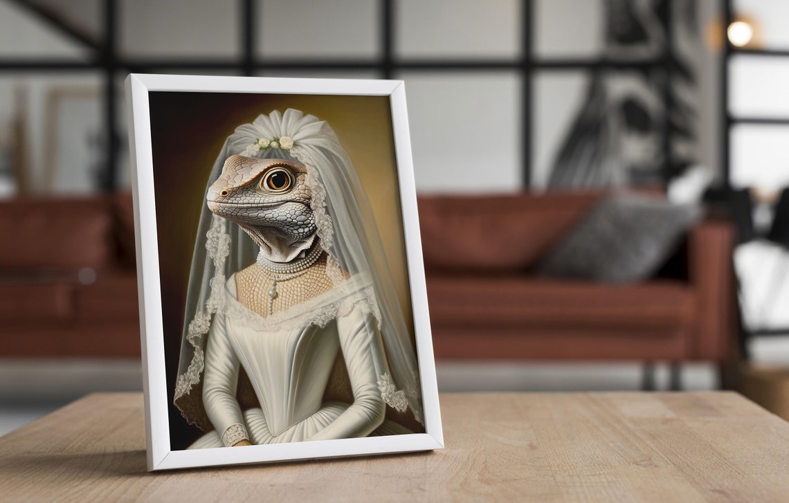 Lizard Bride in a White Satin Wedding Gown with Pearl Necklace Poster - Image 4