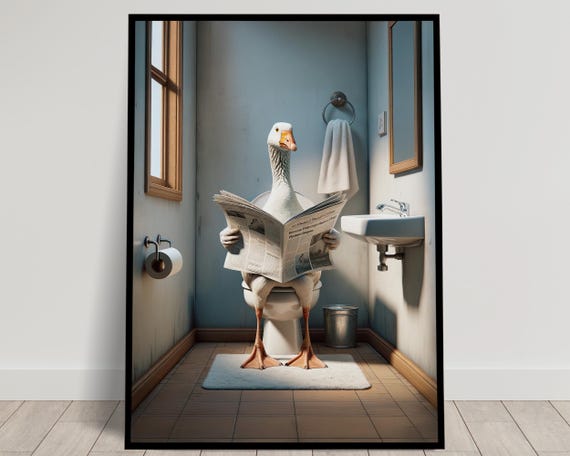 Photograph Of A Goose Reading The Newspaper On The Toilet Funny Bathroom Decor Bathroom Wall Art Wc Toilet Poster Unique Gag Gift