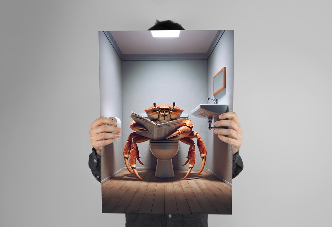Red Crab Reading Newspaper On The Toilet Funny Bathroom Poster - Image 3