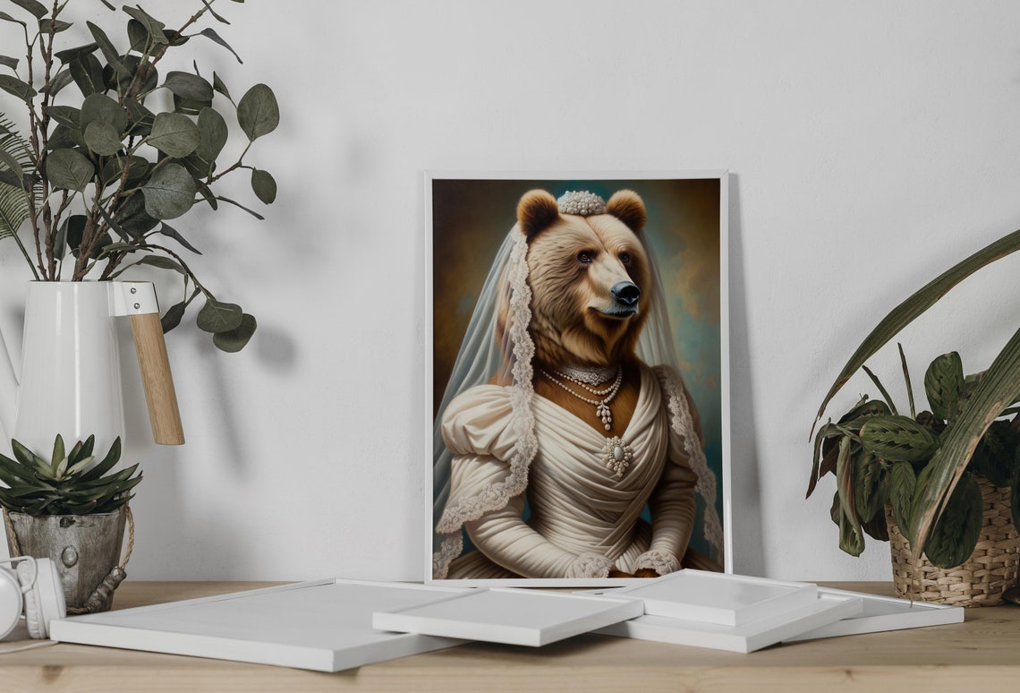 Brown Bear Bride in an Ivory Wedding Dress with Jeweled Brooch Poster - Image 2