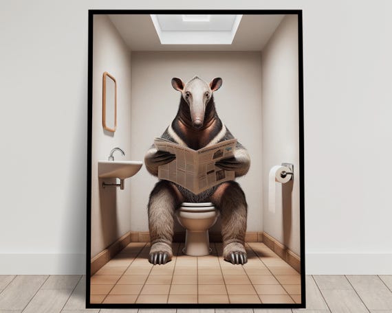 Photograph Of An Anteater Reading The Newspaper On The Toilet Funny Bathroom Decor Bathroom Wall Art Wc Toilet Poster Unique Gag Gift