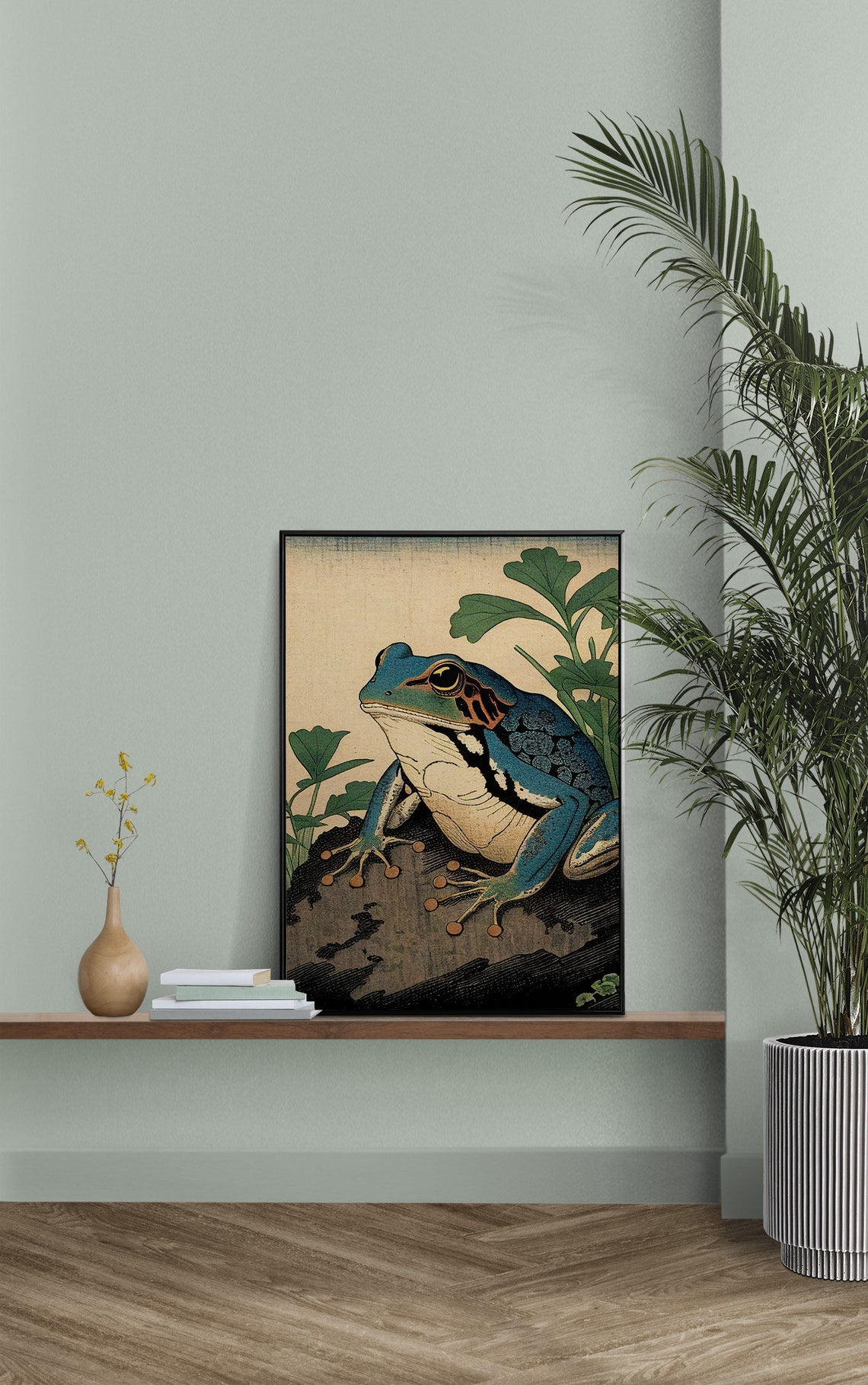 Blue Tree Frog On Branch Japanese Ukiyo E Vintage Style Poster - Image 2