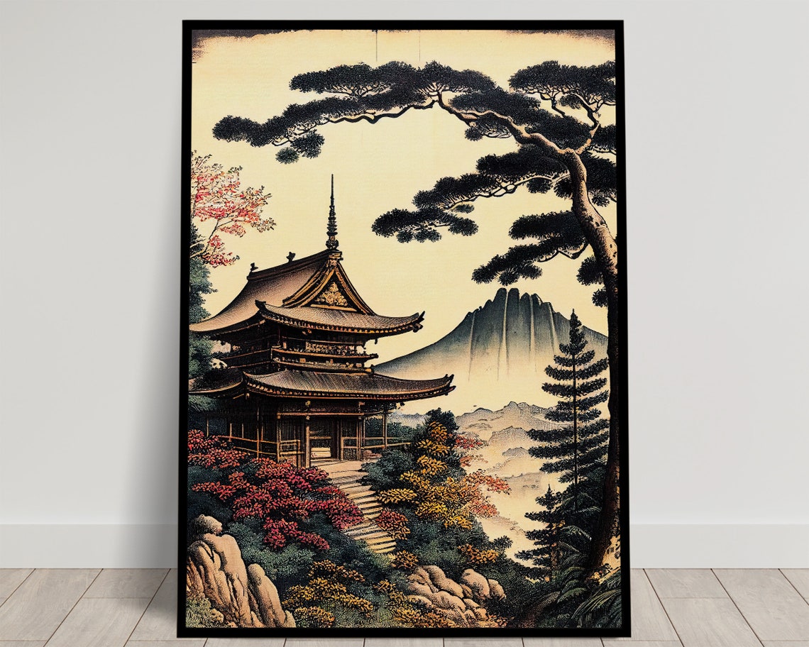 Japanese Temple with Mount Fuji Ukiyo E Style Landscape Poster