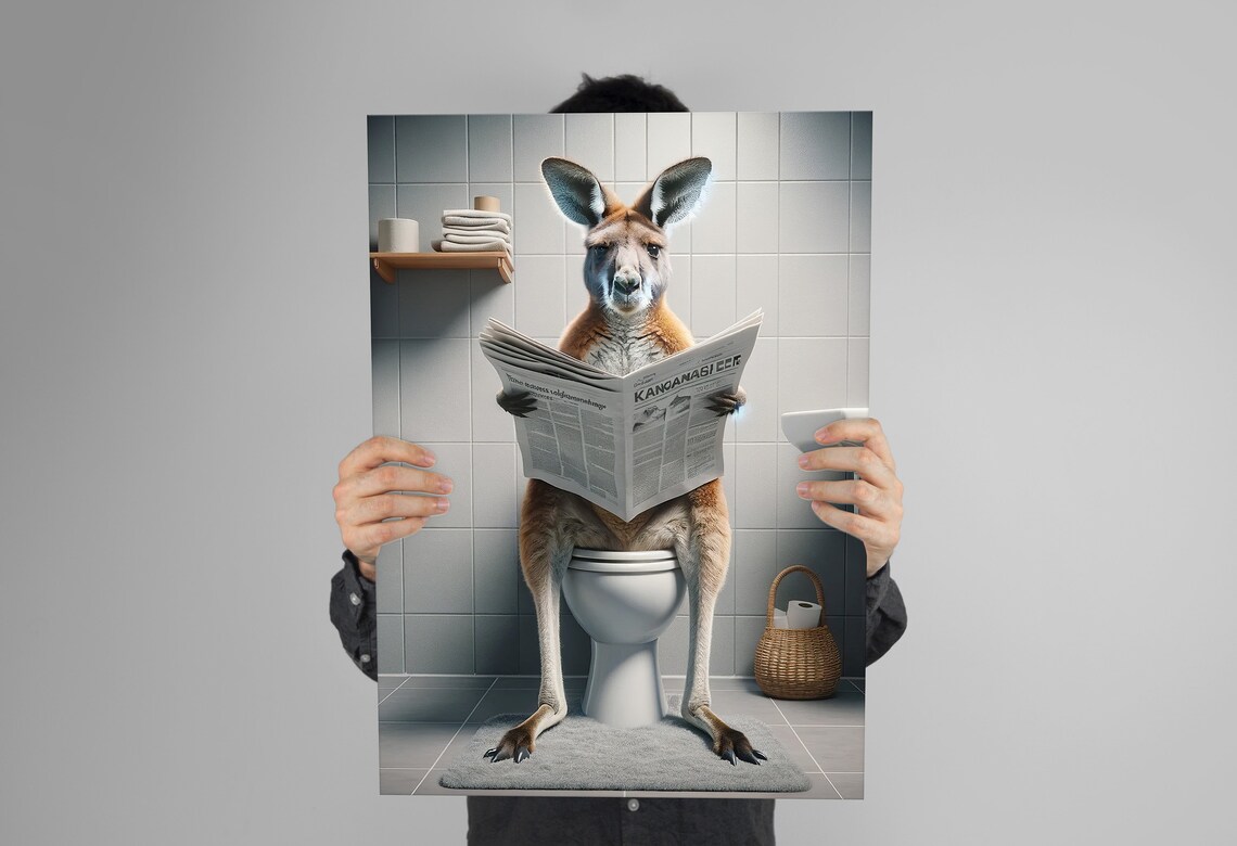 Kangaroo Reading the Newspaper, Funny Bathroom Decor - Image 3