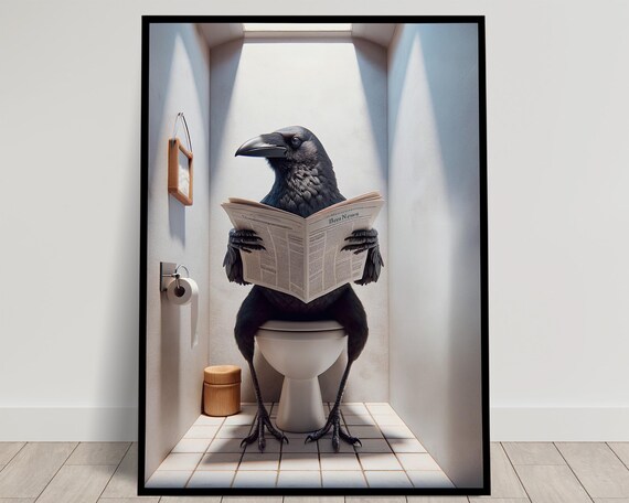 Crow Reading the Newspaper on the Toilet Funny Bathroom Poster