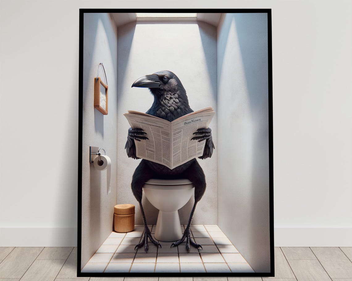 Crow Reading the Newspaper on the Toilet Funny Bathroom Poster