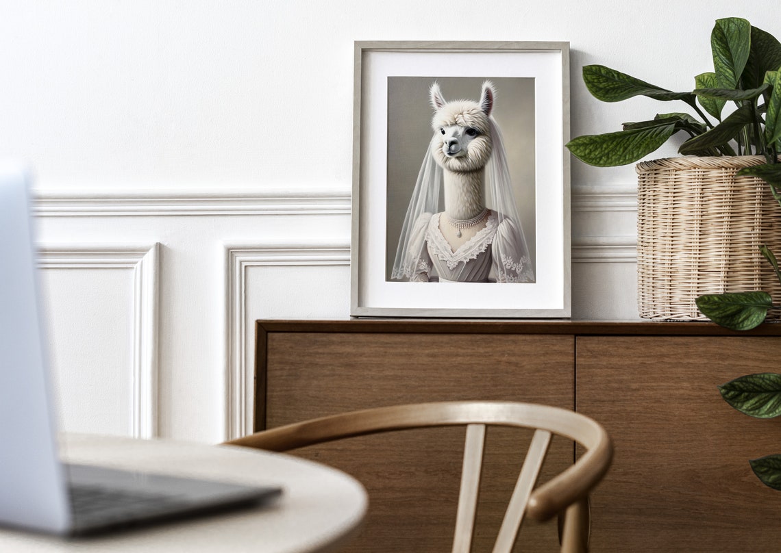 Alpaca Bride in Wedding Dress Veil and Pearl Necklace Funny Poster - Image 3