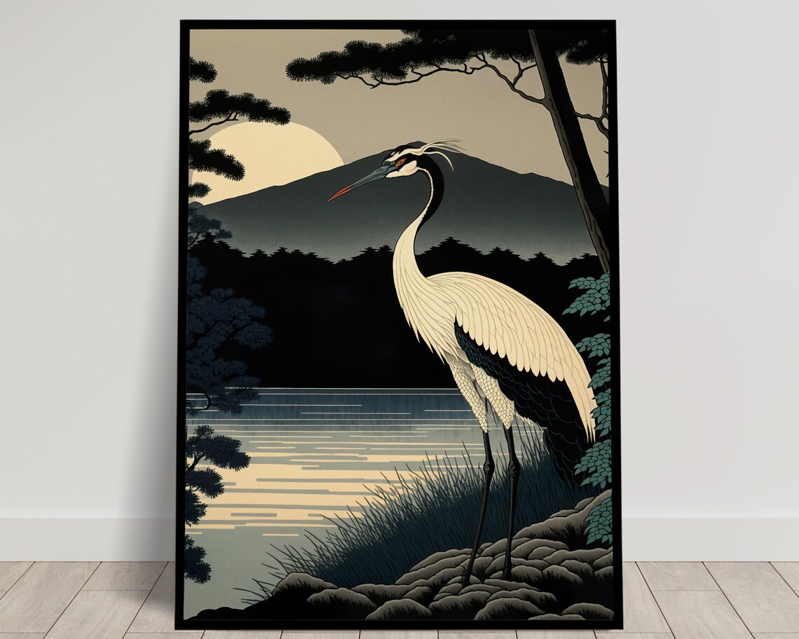 Elegant White Crane At Sunrise Lake With Moon Japanese Poster