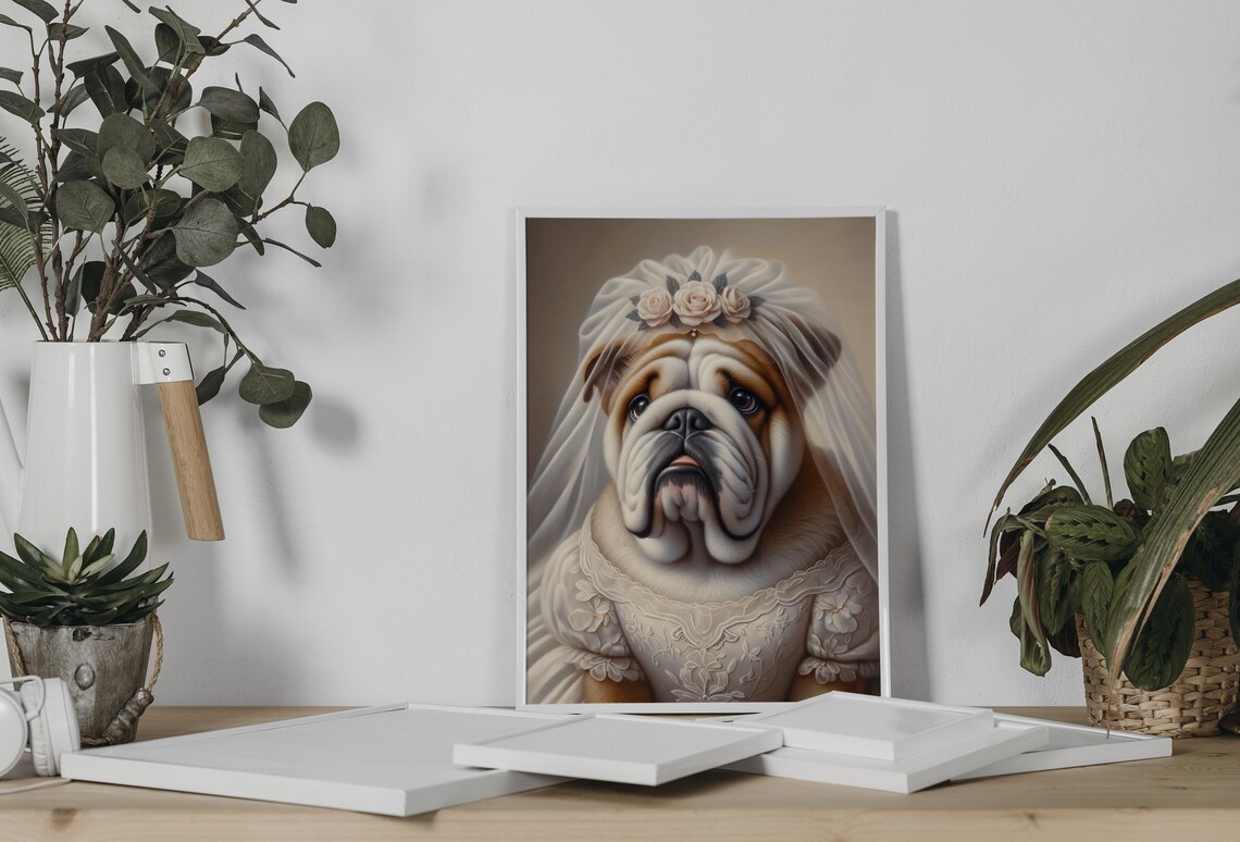 English Bulldog In Wedding Dress Funny Bridal Dog Portrait Poster - Image 2