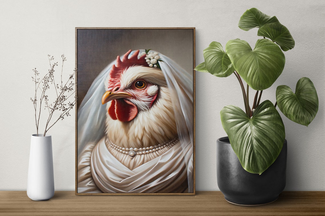 White Hen In Wedding Dress Funny Bridal Chicken Portrait Poster - Image 3