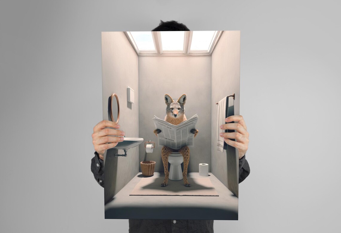 Jackal Reading the Newspaper on the Toilet Funny Bathroom Poster - Image 3
