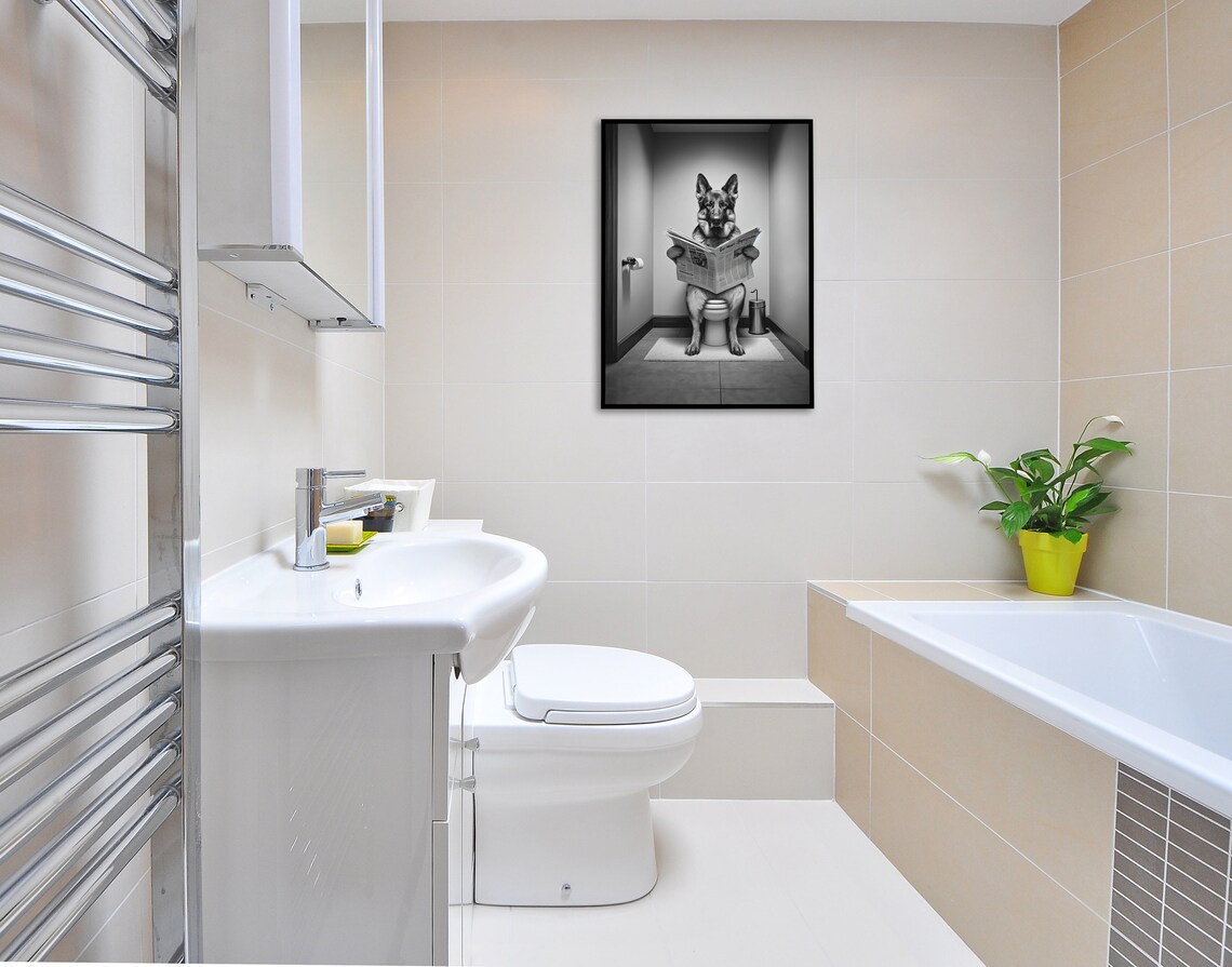 German Shepherd Reading on the Toilet, Fun Bathroom Art - Image 4
