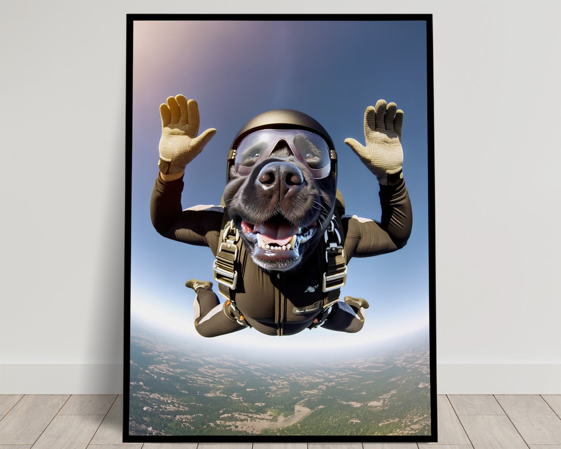 Black Labrador Skydiving With Helmet Epic Freefall Dog Poster