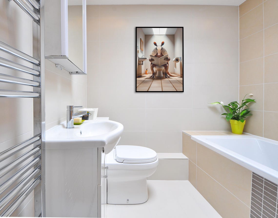 Armadillo Reading the Newspaper on the Toilet Funny Bathroom Poster - Image 2