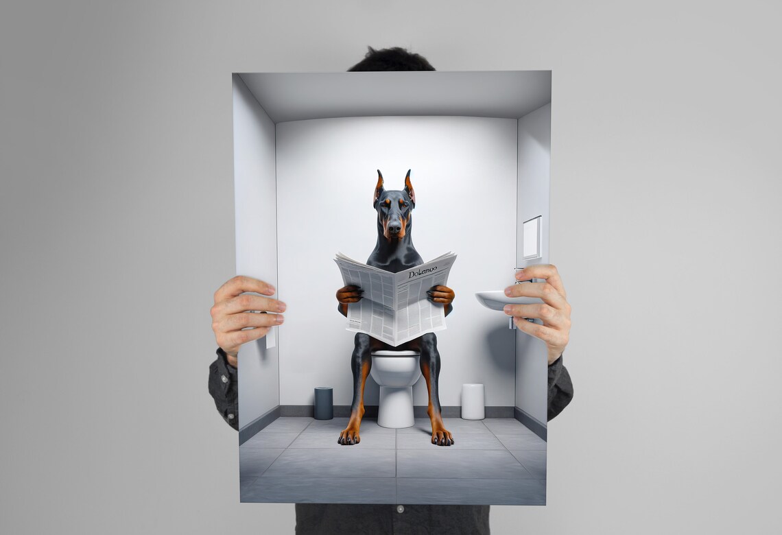 Doberman Reading Newspaper Bathroom Poster Print - Image 3