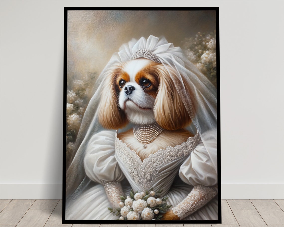 Cavalier King Charles Spaniel Bride in Veil with Pearl Necklace Poster
