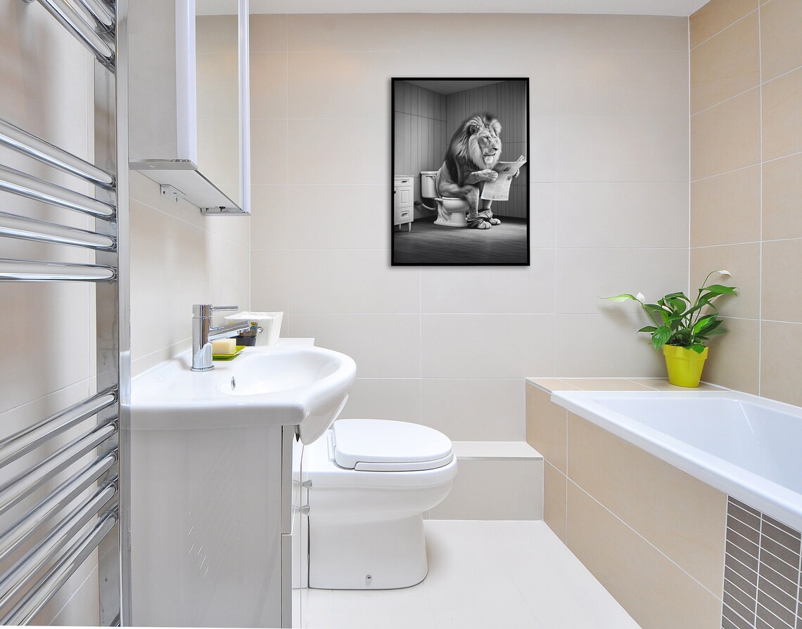 Lion Reading on the Toilet Black and White Poster - Image 4