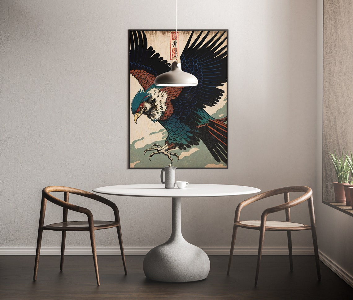 Soaring Eagle With Spread Wings Japanese Woodblock Art Poster - Image 3