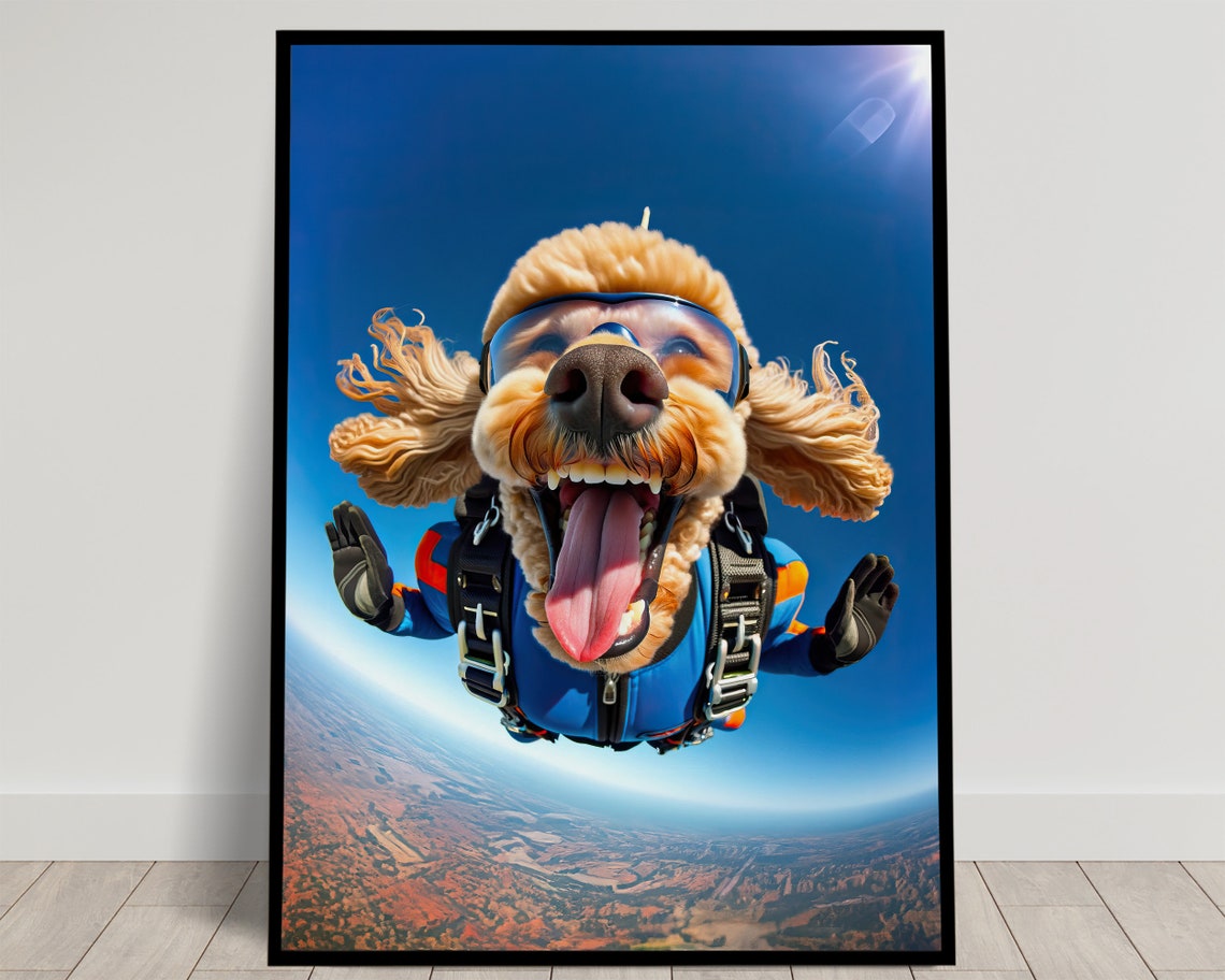 Poodle Skydiving With Flying Ears And Goggles Epic Freefall Dog Poster