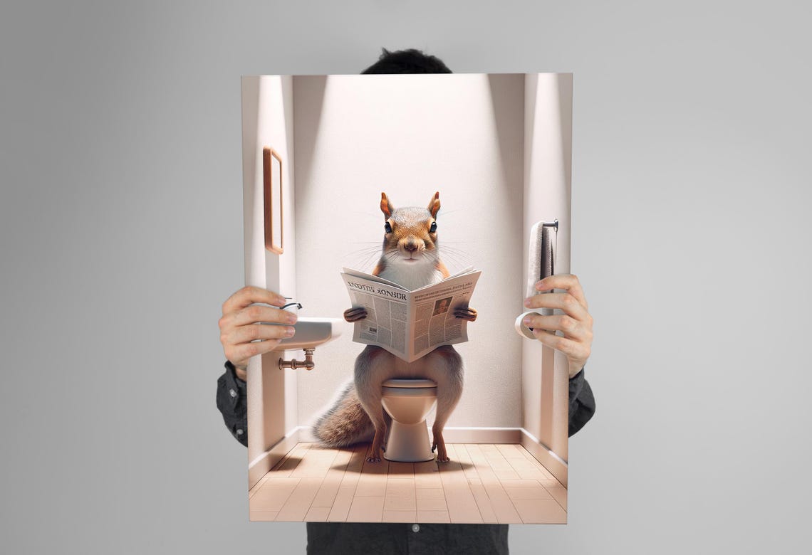 Squirrel Reading the Newspaper on the Toilet Funny Bathroom Poster - Image 3