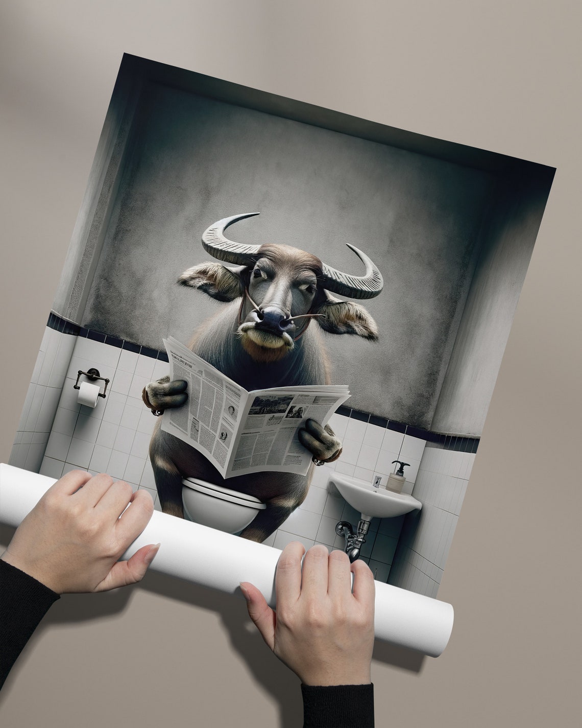 Water Buffalo Reading Newspaper on the Toilet Funny Bathroom Poster - Image 2