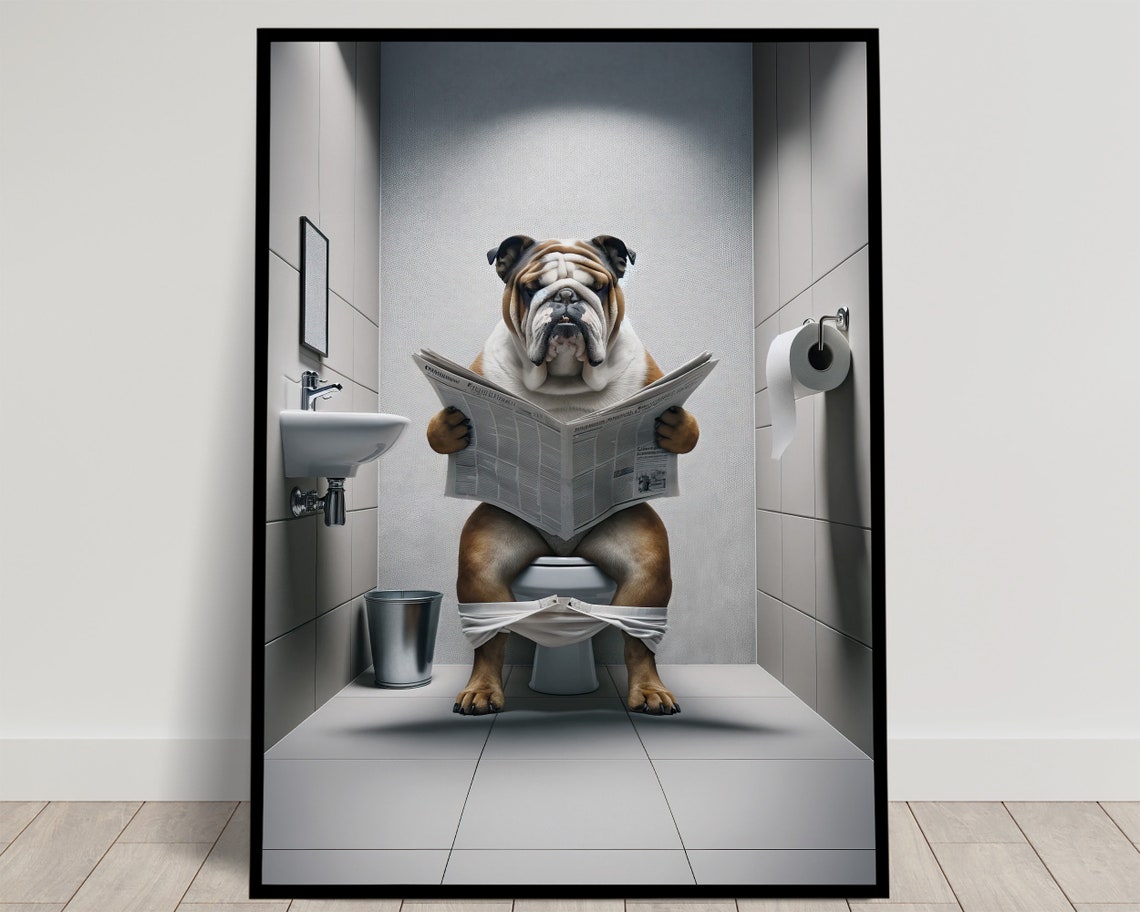 Photograph Of An English Bulldog Reading The Newspaper On The Toilet Fun Bathroom Decor Bathroom Wall Art Wc Toilet Poster Unique Gift