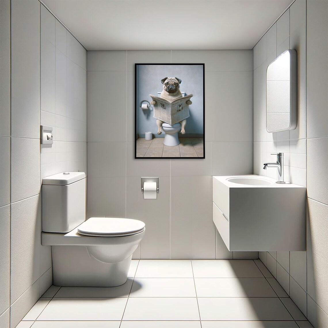 Pug Reading Newspaper on the Toilet, Funny Bathroom Art - Image 4