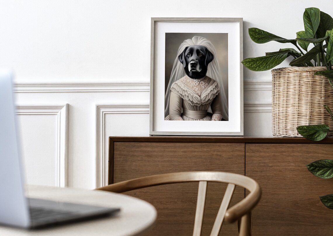 Black Labrador Wedding Dress Portrait Vintage Bride Dog Funny Wall Art - Image 3