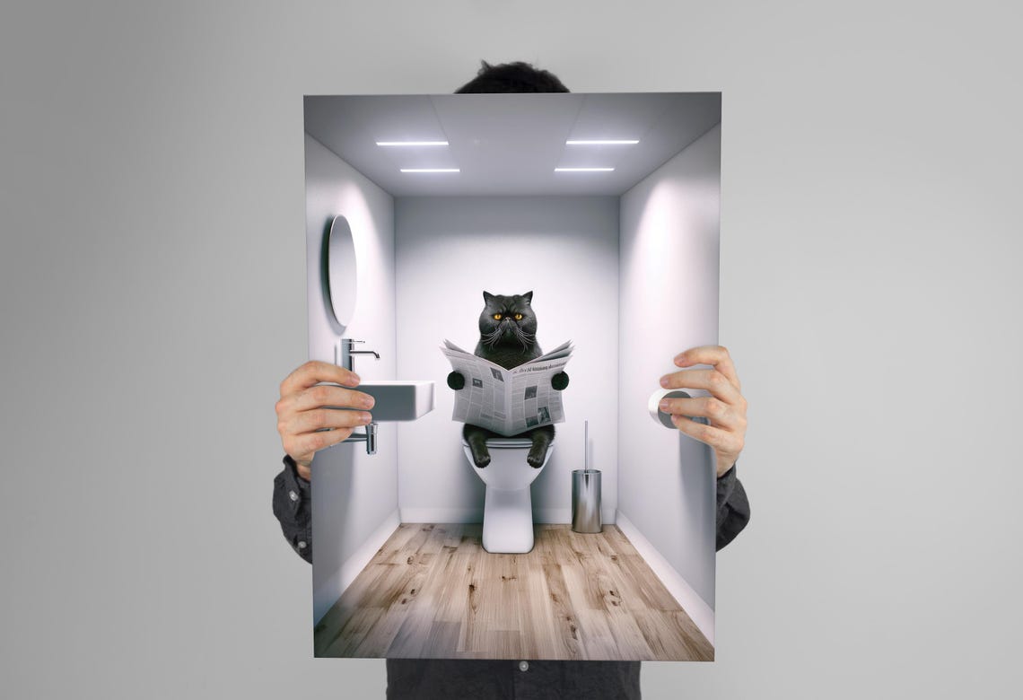 Black Tabby Cat Reading Newspaper On The Toilet Funny Bathroom Poster - Image 3